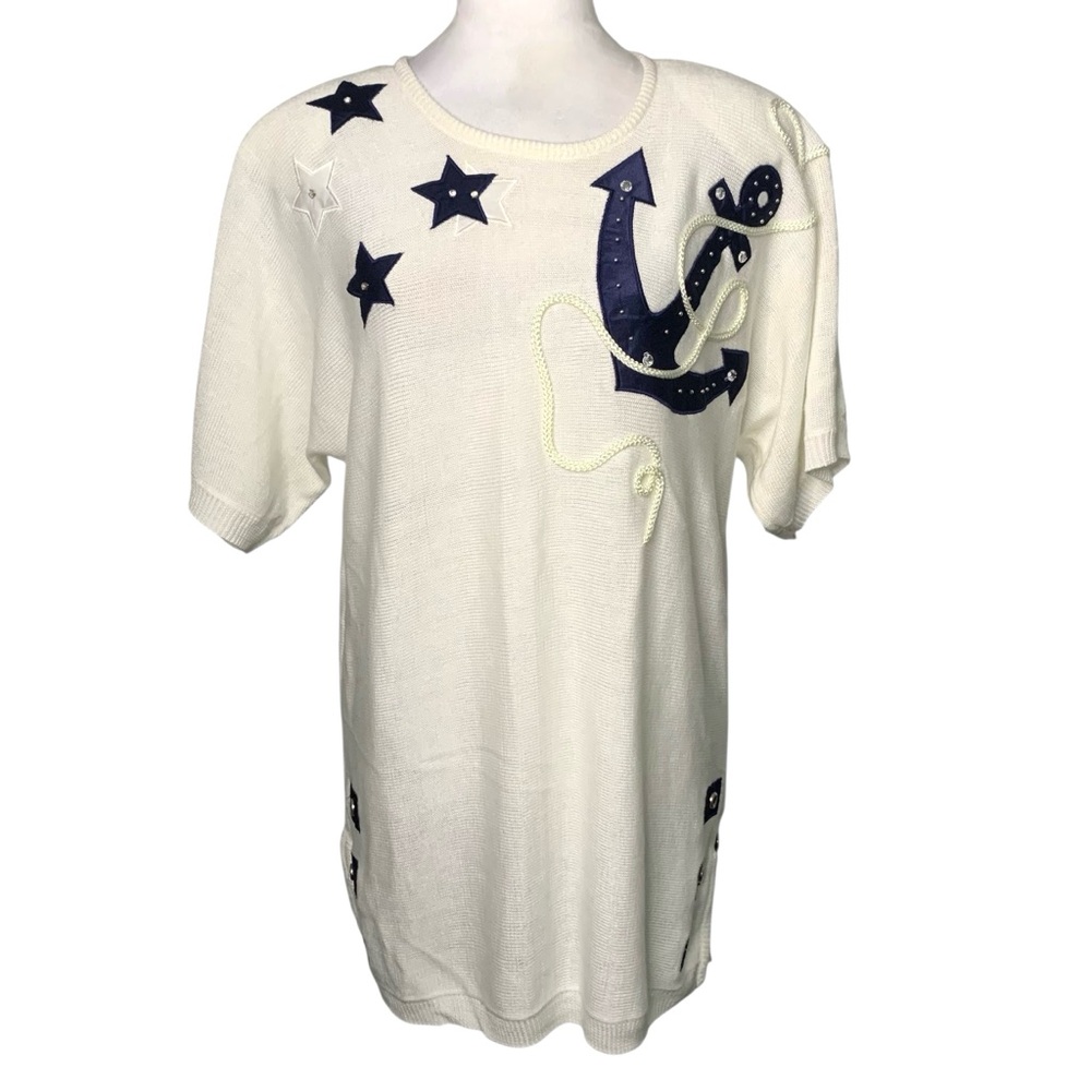 NWT Vintage Bonnie Lee LeRoy 1X Cream & Blue Anchor & Stars Short Sleeve Sweater